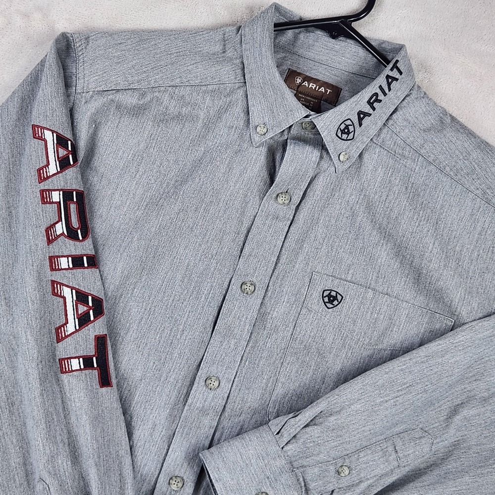 Ariat Shirt Mens Medium Gray Team Logo Twill Long Sleeve Button Up Western
